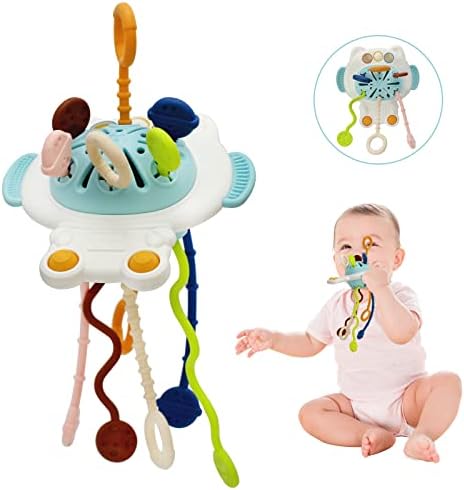 Kazaigou Montessori Toys for 6-18 Months, Sensory Toys for Babies, Travel Toys for 1 2 3 Year Old,4 in 1 Silicone Pull String Activity Baby Toys, Infant Newborn Christmas Birthday Gifts for Boys Girls