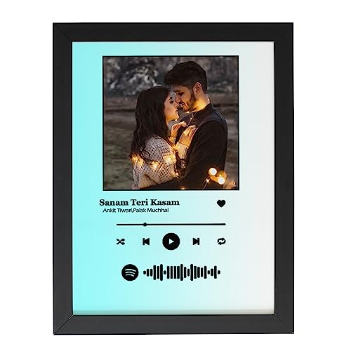 Image of Personalized Premium Print Music Rectangular Frame - Wall Mount with Photo Upload & Scannable Spotify QR Code - Synthetic Frame with Plaxiglass - 8x10 Inch - Turquoise & White