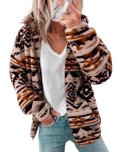 LUKYCILD Womens Western Aztec Print Zip up Hoodies Sweatshirt Sherpa