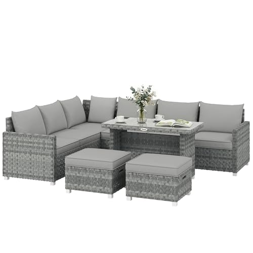 Outsunny 6 Seater Rattan Garden Furniture Set with 3 Garden Sofas, 2 Footstools, Glass-Top Table, 6 Piece Outdoor Dining Patio Rattan Furniture Corner Sofa Sets with Cushions for Conservatory, Grey