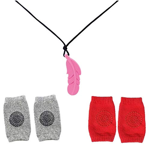 LADY HAWK Baby Knee Safety Protective Pad for Crawling, Anti-Slip Unisex Imported Socks with Leaf Shaped Pink Silicone Teether Soother Pendant. Gift Set 2 Pairs of Socks & 1 Teether.