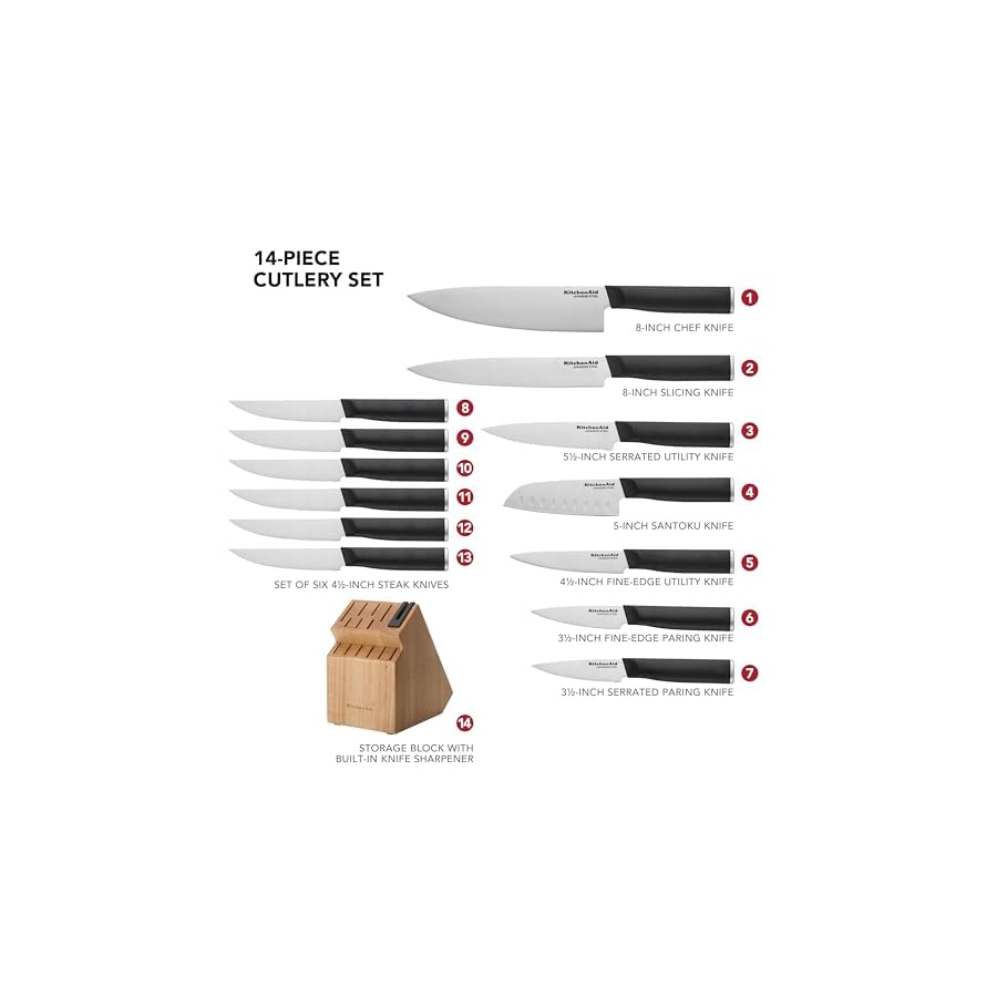 KitchenAid Classic Step Knife Block Set with Built-In Knife Sharpener, High Carbon Stainless Steel Kitchen Knives, Sharp Kitchen Knife Set with Block, 14-Piece, Natural