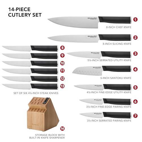 KitchenAid Classic Step Knife Block Set with Built-In Knife Sharpener, Stainless Steel Kitchen Knives, Sharp Kitchen Knife Set with Block, 14-Piece, Natural - image 6