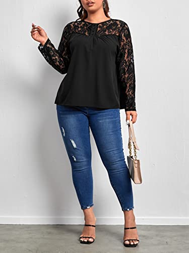 top feminino tamanho grande Mais Blusas Renda de contraste Detalhe do botão (Color : Preto, Size : 4