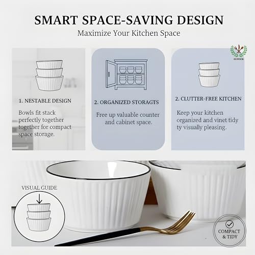 Image of Elegant White Ceramic Dessert Bowls with Black Rim - Set of 2, Ribbed Design, Perfect for Ice Cream, Desserts, Snacks, and More (2 Round Bowls)