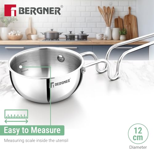 Image of BERGNER Argent Triply 12cm (500ml) Tadka Pan /Vagar /Vaghariya Pan for Spice Seasoning, Tempering, Ergonomic Stay Cool Touch Handle, Faster and Even Heat Distribution - Induction and Gas Stove Ready