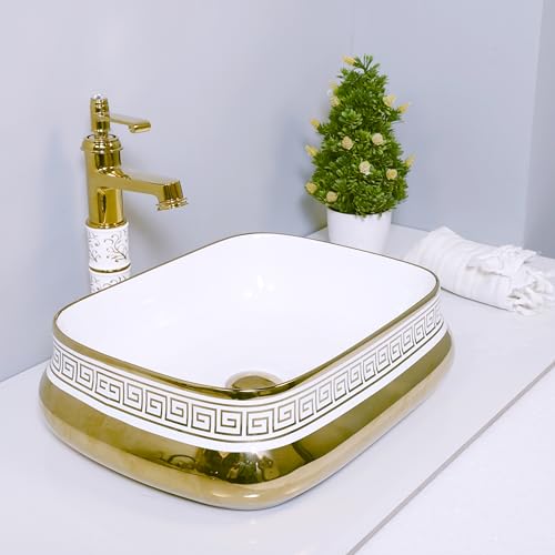 Image of LUXART Luxury Ceramic Vessel Sink | Premium Golden Greek Key Pattern | 18 x 14 x 5 IN Tabletop Countertop Wash Basin for Bathroom, Vanity & Hotel