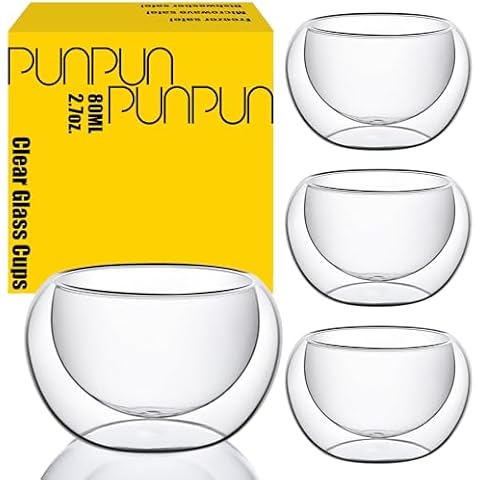 PunPun 2.7oz. 80ml Tea Cups Double Wall Borosilicate Glass Tea Cups Espresso Cups Heatproof Insulating Teacups glass Set of 4 Cover