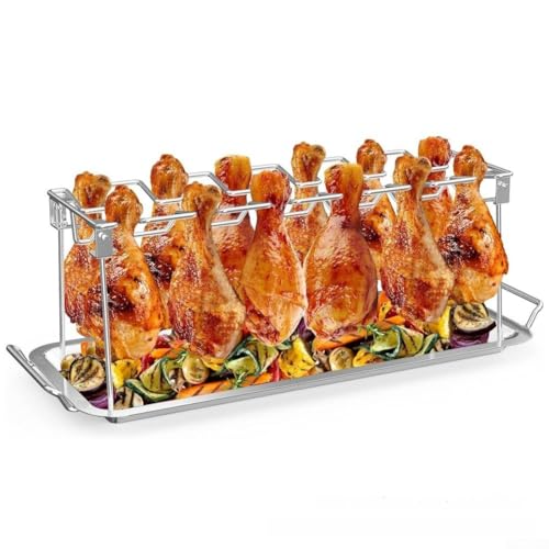 Zeroupshop Bandeja de parrilla de patas de pollo de acero inoxidable con 14 ranuras, estante plegable para asar baquetas o alas, se adapta al horno y barbacoa de 43,5 x 14,5 x 15 cm (paquete de 1)