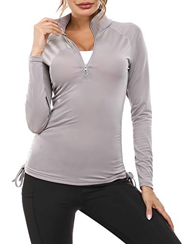 Sykooria Women's Half Zip Pullover Running Jacket Long Sleeve Running Tops Athletic Workout Jacket with Thumb Holes (Grey,M)