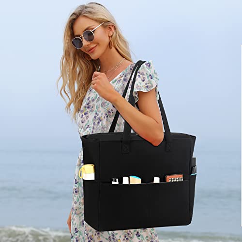 Image of LEDAOU Large Beach Tote Bag Women Waterproof Sandproof Zipper Beach Tote Bag for Pool Gym Grocery Travel with Wet Pocket | Waterproof