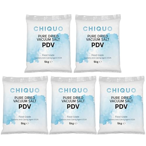 Chiquo PDV Salt, 25kg (5 x 5kg) - Food Grade Pure Dried Vacuum Salt - For Cooking, Baking, Brining, Water Softening & Pond Water Treatment