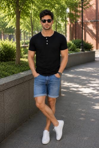 Image of London Hills T Shirt for Man | Men Henley Neck Tshirts | Tshirt Shirts Men | Gym T Shirts for Mens Workout T-Shirts for Man Cotton Stylish Henly Neck T Shirt Half Sleeve Regular Fit Solid Multicolour