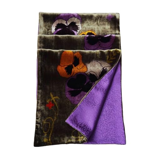 Silk Base Velvet Scarf, Pure Silk Lining, 58" L x10 W, Pansy, Olive Green/Violet3