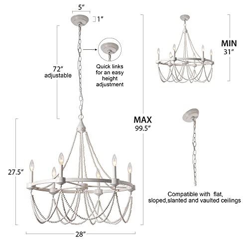 28" Antique White Wood Bead Tassel Rustic Wagon Wheel Farmhouse Chandelier, 6-Light Retro Wood Country Chandelier, Boho Hanging Chandelier #TOP5
