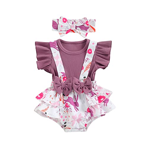 Socutebabe Baby Girl Floral Romper Newborn Dress Ruffle Onesie Suspender Shorts Jumpsuit Cute Summer Clothes and Headband (A Bunny Print Purple, 3-6 Months)