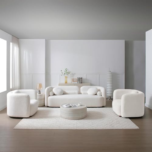 Image of 2026 New White Boucle Sofa Set, 3-Piece Living Room Seating Set - 3 Seater Sofa + 2 Single Chairs, Solid Wood Frame Modern Couches with Pillows