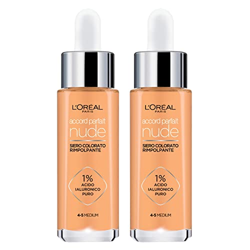 L'Oréal Paris, Accord Parfait, Nude, farbiges Serum, Farbe 4–5 Medium, Formel mit 1 % reiner Hyaluronsäure, feuchtigkeitsspendend, Anti-Age, für empfindliche Haut, 2 Kosmetikprodukte