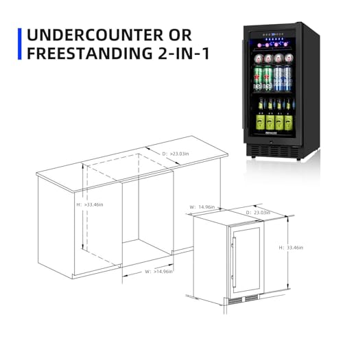 Image of ORYMUS 15 Inch Beverage Refrigerator, 130 Cans Drink Fridge with Glass Door & Lock, Under Counter or Freestanding Beverage Cooler for Soda, Beer & Water, Upgraded Quiet Compressor, Memory Temp, Black