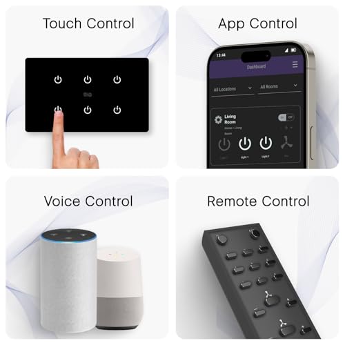 Image of IOTICS Smart Wifi Switch Board: 6 Switch with 2 x High Load (AC /Geyser) switch. Touch Control, Remote, App Control. Voice Control with Alexa & Assistant. Smart Touch Switch For Home Automation (Black)