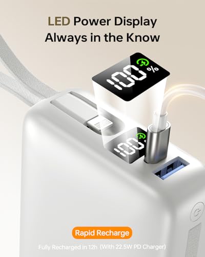 Image of Portable Charger 50000mAh Power Bank,Portable Phone Charger with 2 Built in Cables,22.5W Fast Charging Travel Essentials Battery Pack for iPhone /iPad /MacBook /Android /Samsung Galaxy, White