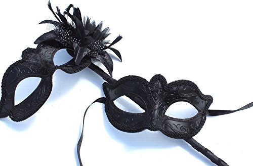 THE GOOD LIFE HIS N HERS PAIR OF BLACK VENETIAN MASQUERADE CARNIVAL PARTY EYE MASKS LADIES MASK WITH STICK & FLOWER