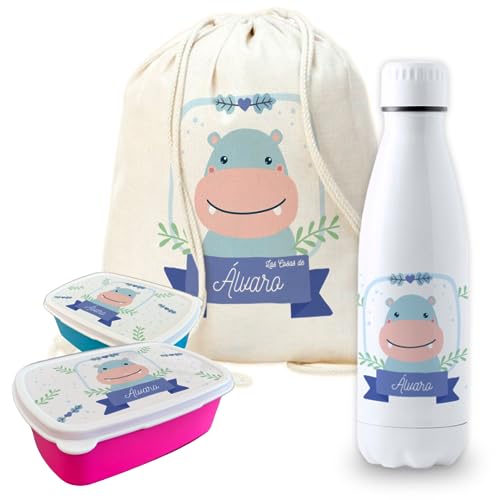 Pack vuelta al cole diseño hipopotamo botella personalizada + mochila saco personalizada + fiambrera personalizada con foto y/o texto para el colegio o guardería. Caja merienda libre BPA