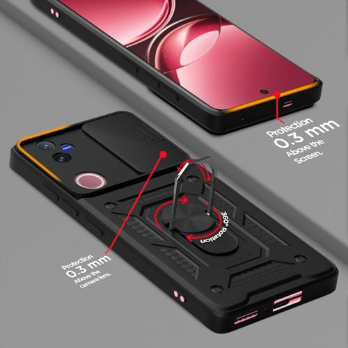 Image of Outlouders Back Cover for Vivo V50 5G | D10 Tough Armor 360 Protection Case with Sliding Camera Shield & Ring Holder Stand Bumper Case (Black)
