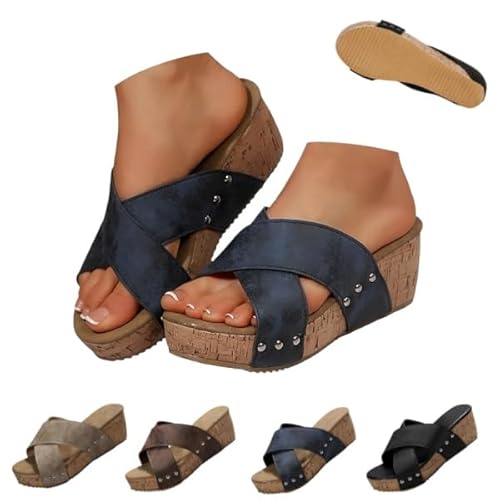 Women's Cork Thick Sole Comfy Leather Wedge Slip-On Summer Sandals Shoes Slide Sandal Cork Heeled Walking Open Toe (navy blue,25