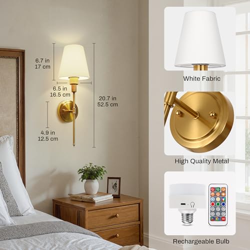Image of DORESshop Battery Operated Wall Sconce Set of 2, Wall Light Wireless Easy to Install, Dimmable and Adjustable Sconces Wall Decor, Rechargeable Wall Lamp for Bedroom, Living Room, Gold 20.7in