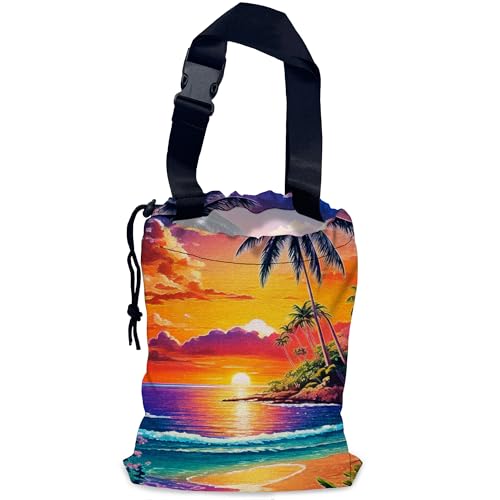 Image of Beach Sunrise Car Garbage Bag,Palm Tree Waterproof Small Car Trash Bag Hanging Back of Seat,Drawstring Hanging Car Trash Bag with Adjustable Buckle for Car Accessories