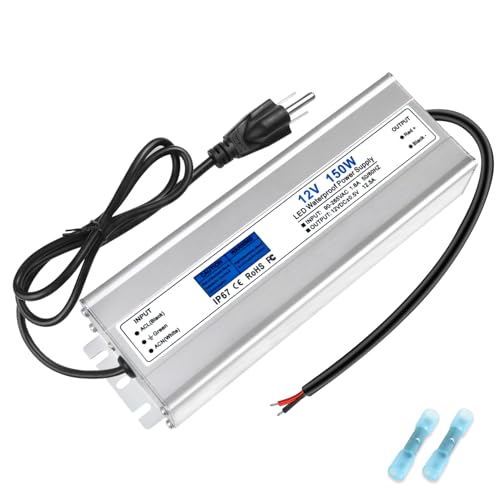 Image of LED Driver 150 Watts, IP67 Waterproof 12V Power Supply, AC 90-265V to DC 12V 12.5A Low Voltage Transformer with 3-Prong Plug 3.28ft Cable for LED Lights, Computer Project, Outdoor Use