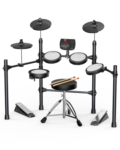 AiJoy Electronic Drum Set for Adults & Beginners, Quiet Mesh Pads with 5 Drums & 3 Cymbals, Dual-Zone Snare, USB MIDI, Sound Module, Drum Throne, Headphones, Sticks, 25 Kits & 195 Sounds