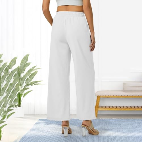 Women's Linen Pants Summer Casual Cotton Wide Leg Palazzo Boho High Waisted Elastic Drawstring Lounge Trousers3