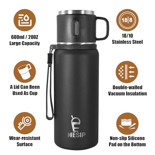 Icesip Stainless Steel Insulated Bottle, 20oz with cup Vacuum Insulated Water Bottle, Thermo for Hot Drinks/Cold Drinks,24-Hr Insulation Commute, Travel