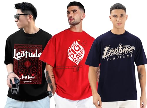 Image of LEOTUDE Men's Cotton Trendy Oversized Round Neck Printed T-Shirt Combo (Pack of 3)