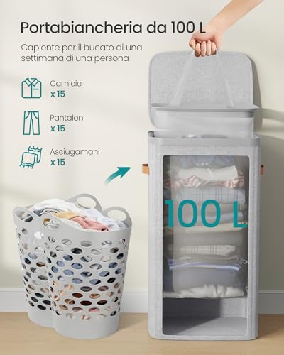 SONGMICS Cesto Portabiancheria, Porta Biancheria Sporca da 100 L, Montaggio Facile, con Coperchio Maniglie, Sacco Interno Rimovibile, 42 x 32 x 75 cm, Grigio Tortora LCB811GD01 - Immagine 3