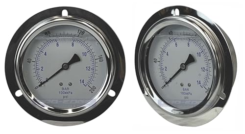 4" Dial, Front Flange Mount Glycerin Liquid Filled 0-200 PSI Pressure Gauge, 1/4" Male NPT (02 Pack)