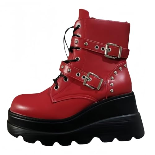 Maimeili Bottes de combat à semelle épaisse gothique pour femmes, bat Wing lacets, bottines à boucle avec cheville bottines à semelle épaisse mode clouté bottes de moto