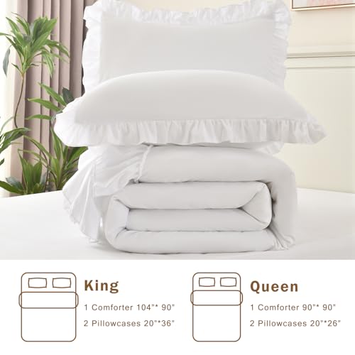 Image of Cupocupa White Full Comforter Set, 3Pcs Comforters Ruffle Farmhouse Bedding Sets Full with Comforter, Lightweight Soft Shabby Chic Bedding Comforter Set Fluffy for All Season (White, F)