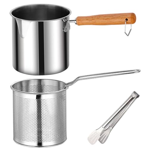 Freidora con cesta y pinzas, freidora con asa, freidora con virutas de acero inoxidable, sin recubrimiento, boca ancha, antideslizante, multiusos, mini freidora con cesta, mini freidora, olla para