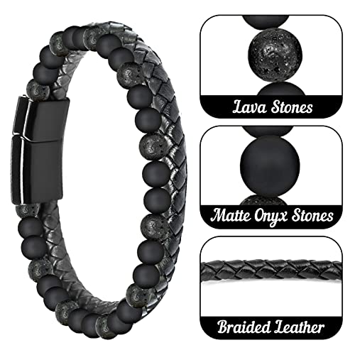 Black Layered Bracelet, Humanic+ Pro Maxhematie Lava Onyx Stone Braided Leather Bracelet, Lava Rock Bracelet Healing Bracelet Beaded Bracelet Anxiety Bracelet Protection Bracelet For Men, Women #TOP1