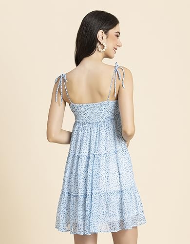 Image of Moomaya Women Printed Mini Dress, Strappy Shoulders Tiered Short Summer Dress