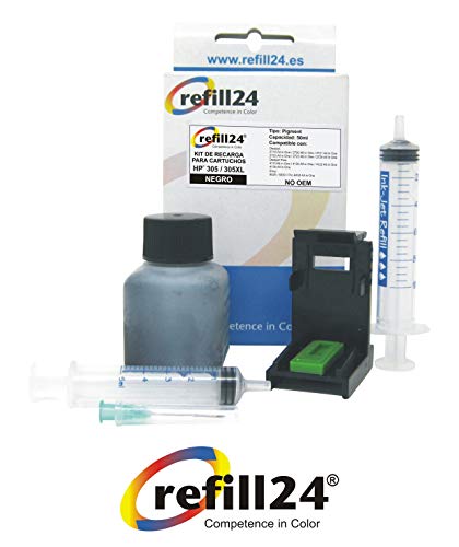 refill24 Kit de Recarga para Cartuchos de Tinta HP 305, 305 XL Negro, Incluye Clip y Accesorios + 50 ML Tinta