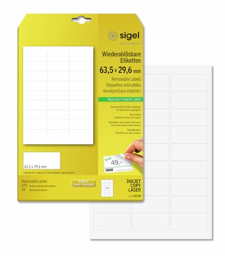 SIGEL LA210 Etiketten selbstklebend, bedruckbar, wieder rückstandsfrei ablösbar, weiß, 63,5 x 29,6 mm, 675 Etiketten = 25 Blatt, abgerundet