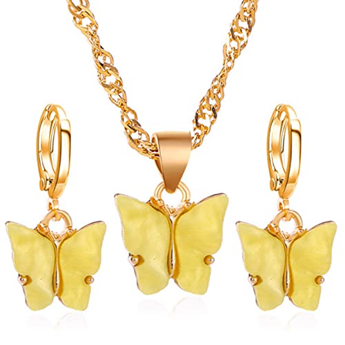 GLJYG Schmetterlings-Anhänger-Halsketten-Ohrring-einfaches stilvolles Elegantes Schmuck-Set für Frauen und Mädchen tägliche Gelegenheiten tragen,Gelb Cover