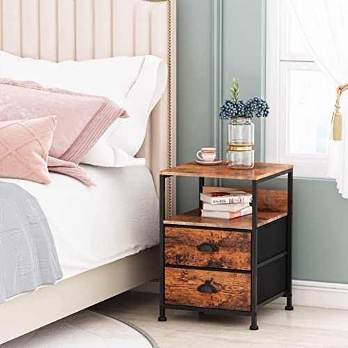 Furologee Set Of 2 Nightstand, End Table With 2 Fabric Drawers And Shelf, Industrial Side Sofa Table, Bedside Accent Furniture Metal Frame Easy Assembly For Living Room/Bedroom/Hallway, Rustic Brown #TOP7