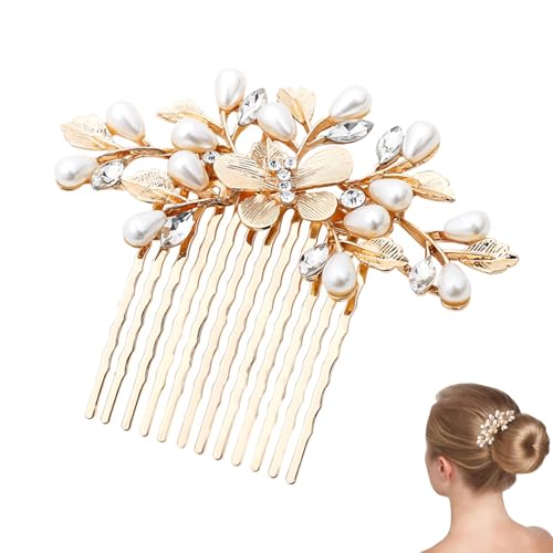 Image of 1Pc Gold Pearl Hair Comb Refined Look Bride Wedding Hair Combs Firmly Fixed Wedding Hair Accessories Leaf Design Hairpiece Accessory Perfect for Weddings Birthdays Valentine Day or Anniversaries