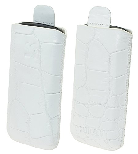 Suncase Original Etui Tasche für/Bea-fon SL320 / Beafon SL320 / Leder Etui Handytasche Ledertasche Schutzhülle Hülle Hülle Lasche *mit Rückzugfunktion* Croco-Weiss