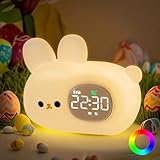 Bunny Alarm Clock with Night Light for Kids with Sleep Training and Sound Machine, Rechargeable Silicone Lamp OK to Wake Clock，Cute Animal Tabletop Lamp, Perfect Sleep Companion for Boys Girls